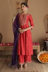 Buy_House Of Karmah_Red Chanderi, Organza Embroidery, Sequins Round Neck Phoolwari Kurta Set _at_Aza_Fashions