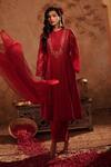 House Of Karmah_Red Chanderi, Organza Embroidery, Zari Round Neck Sindoori Noor Kurta Set _Online_at_Aza_Fashions