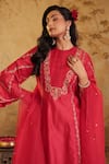 Buy_House Of Karmah_Red Chanderi, Organza Embroidery, Zari Round Neck Sindoori Noor Kurta Set _Online_at_Aza_Fashions