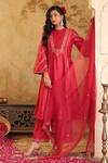 Shop_House Of Karmah_Red Chanderi, Organza Embroidery, Zari Round Neck Sindoori Noor Kurta Set _Online_at_Aza_Fashions