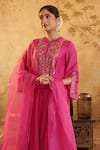 House Of Karmah_Pink Chanderi, Organza Embroidery, Zari Round Neck Rang E Gulab Kurta Set _Online_at_Aza_Fashions
