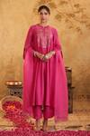 Buy_House Of Karmah_Pink Chanderi, Organza Embroidery, Zari Round Neck Rang E Gulab Kurta Set _at_Aza_Fashions