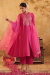 Shop_House Of Karmah_Pink Chanderi, Organza Embroidery, Zari Round Neck Rang E Gulab Kurta Set _Online_at_Aza_Fashions