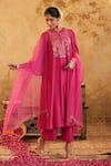 House Of Karmah_Pink Chanderi, Organza Embroidery, Zari Round Neck Rang E Gulab Kurta Set _at_Aza_Fashions