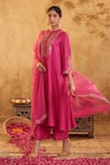 Buy_House Of Karmah_Pink Chanderi, Organza Embroidery, Zari Round Neck Rang E Gulab Kurta Set 