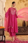 Shop_House Of Karmah_Pink Chanderi, Organza Embroidery, Zari Round Neck Rang E Gulab Kurta Set 