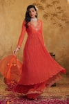 House Of Karmah_Red Chanderi, Organza Embroidery, Zari V-neck Nargis Anarkali Skirt Set _at_Aza_Fashions