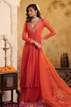 Buy_House Of Karmah_Red Chanderi, Organza Embroidery, Zari V-neck Nargis Anarkali Skirt Set _at_Aza_Fashions