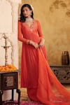 Buy_House Of Karmah_Red Chanderi, Organza Embroidery, Zari V-neck Nargis Anarkali Skirt Set 