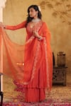 Shop_House Of Karmah_Red Chanderi, Organza Embroidery, Zari V-neck Nargis Anarkali Skirt Set 
