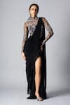 Buy_Vivek Patel_Black Georgette Pearls, Sequins High Neck Embellished Pre-draped Saree Gown _at_Aza_Fashions