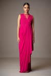 Buy_Vivek Patel_Fuchsia Georgette Beads High Neck 3d Floral Embellished Draped Gown _at_Aza_Fashions