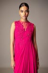 Vivek Patel_Fuchsia Georgette Beads High Neck 3d Floral Embellished Draped Gown _Online_at_Aza_Fashions