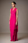 Buy_Vivek Patel_Fuchsia Georgette Beads High Neck 3d Floral Embellished Draped Gown _Online_at_Aza_Fashions