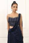 Omal Sindwani_Navy Satin, Net Beads, Metallic Midnight Blue Dusk Pre-draped Saree With Blouse _Online_at_Aza_Fashions