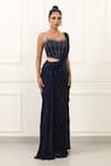 Shop_Omal Sindwani_Navy Satin, Net Beads, Metallic Midnight Blue Dusk Pre-draped Saree With Blouse _at_Aza_Fashions