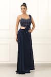 Buy_Omal Sindwani_Navy Satin, Net Beads, Metallic Midnight Blue Dusk Pre-draped Saree With Blouse _at_Aza_Fashions