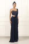Buy_Omal Sindwani_Navy Satin, Net Beads, Metallic Midnight Blue Dusk Pre-draped Saree With Blouse _Online_at_Aza_Fashions