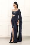 Buy_Omal Sindwani_Navy Georgette Metallic Thread, Starlight Symphony Draped Saree With Blouse _Online_at_Aza_Fashions