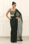Buy_Omal Sindwani_Emerald Green Crepe Sequins, Beads Square Neck, Luxe Draped Saree With Blouse _at_Aza_Fashions