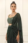 Buy_Omal Sindwani_Emerald Green Crepe Sequins, Beads Square Neck, Luxe Draped Saree With Blouse _Online_at_Aza_Fashions