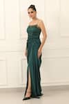 Omal Sindwani_Emerald Green Satin Beads, Metallic Thread Sweetheart Neck Siren Gown _Online_at_Aza_Fashions