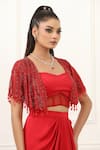 Buy_Omal Sindwani_Red Satin Sequins, Beads Open Neck, Scarlet Luxe Cape And Draped Skirt Set _Online_at_Aza_Fashions