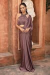 Buy_Omal Sindwani_Mauve Satin Beads, Feathers, Embroidery Dusky Desire Draped Saree With Blouse _at_Aza_Fashions