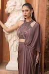Omal Sindwani_Mauve Satin Beads, Feathers, Embroidery Dusky Desire Draped Saree With Blouse _Online_at_Aza_Fashions
