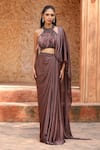 Buy_Omal Sindwani_Mauve Satin Beads, Feathers, Embroidery Dusky Desire Draped Saree With Blouse _Online_at_Aza_Fashions
