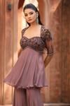 Omal Sindwani_Mauve Satin Beads, Sequins, Embroidery Sweetheart Dusky Bloom Kurta Gharara Set _Online_at_Aza_Fashions