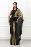 Buy_Omal Sindwani_Black Satin Beads, Embroidery Halter Golden Eclipse Draped Saree With Blouse _Online_at_Aza_Fashions