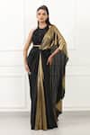 Buy_Omal Sindwani_Black Satin Beads, Embroidery Halter Golden Eclipse Draped Saree With Blouse _at_Aza_Fashions