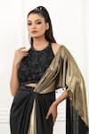 Shop_Omal Sindwani_Black Satin Beads, Embroidery Halter Golden Eclipse Draped Saree With Blouse _Online_at_Aza_Fashions