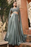 Buy_Omal Sindwani_Green Satin Mirrors, Stones Square Neck, Scoop Sage Royal Lehenga With Blouse _Online_at_Aza_Fashions
