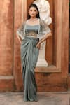 Buy_Omal Sindwani_Green Satin Sweetheart , Open Sage Charm Cape Skirt Set _at_Aza_Fashions