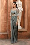 Shop_Omal Sindwani_Green Satin Sweetheart , Open Sage Charm Cape Skirt Set _Online_at_Aza_Fashions