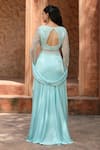 Shop_Omal Sindwani_Aqua Satin Sequins, Beads, Embroidery, Tassels V-neck Glow Blouse Skirt Set _at_Aza_Fashions