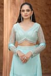 Omal Sindwani_Aqua Satin Sequins, Beads, Embroidery, Tassels V-neck Glow Blouse Skirt Set _Online_at_Aza_Fashions