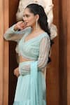 Buy_Omal Sindwani_Aqua Satin Sequins, Beads, Embroidery, Tassels V-neck Glow Blouse Skirt Set _Online_at_Aza_Fashions
