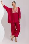Buy_Oshi By Shikha_Fuchsia Silk Embroidery, Zari V-neck Phiran And Pant Set _at_Aza_Fashions