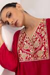Shop_Oshi By Shikha_Fuchsia Silk Embroidery, Zari V-neck Phiran And Pant Set _Online_at_Aza_Fashions