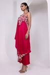 Oshi By Shikha_Pink Silk Embroidery, Beads, Metallic Thread, Zari One Shoulder Tunic And Pant Set _at_Aza_Fashions