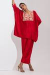 Buy_Oshi By Shikha_Red Silk Embroidery, Zari V-neck Phiran And Pant Set _at_Aza_Fashions