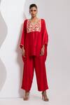 Buy_Oshi By Shikha_Red Silk Embroidery, Zari V-neck Phiran And Pant Set _Online_at_Aza_Fashions