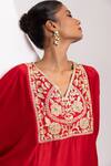 Shop_Oshi By Shikha_Red Silk Embroidery, Zari V-neck Phiran And Pant Set _Online_at_Aza_Fashions