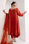 Shop_Oshi By Shikha_Rust Silk, Organza Embroidery, Sequins, Tassels V-neck Bodice Kurta Set _at_Aza_Fashions