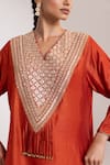 Shop_Oshi By Shikha_Rust Silk, Organza Embroidery, Sequins, Tassels V-neck Bodice Kurta Set _Online_at_Aza_Fashions