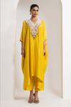 Shop_Oshi By Shikha_Mustard Silk Embroidery, Beads, Metallic Thread V-neck Kaftan And Pant Set _Online_at_Aza_Fashions