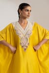 Oshi By Shikha_Mustard Silk Embroidery, Beads, Metallic Thread V-neck Kaftan And Pant Set _at_Aza_Fashions